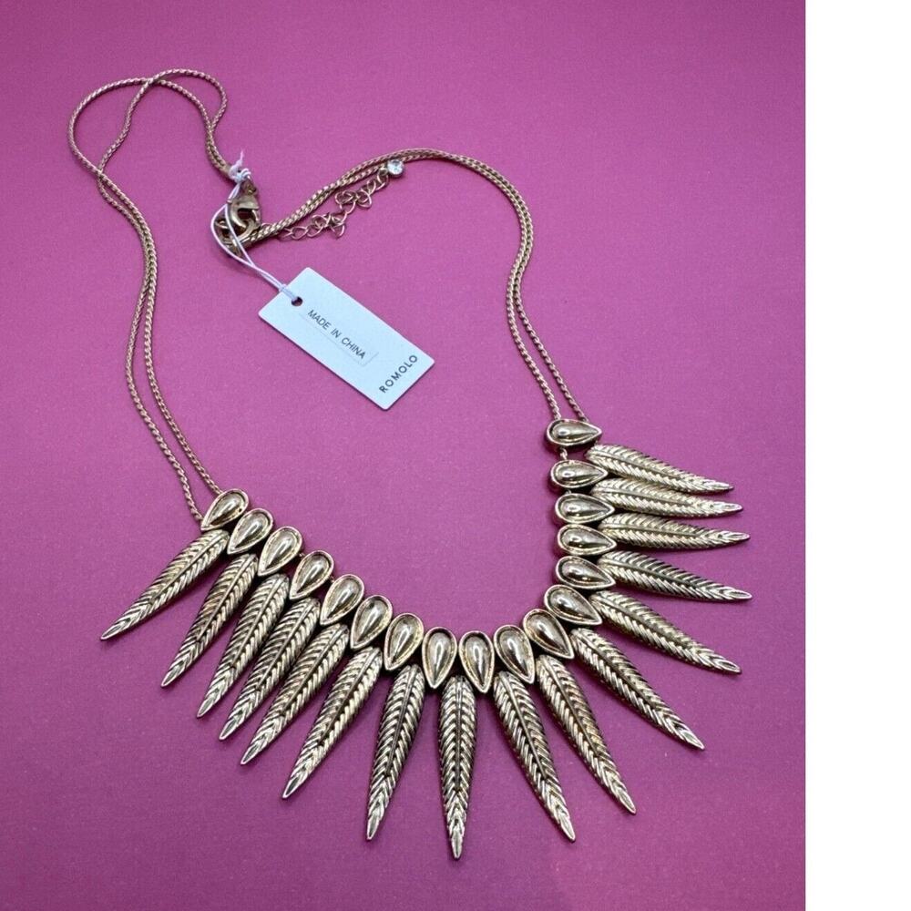 Romolo Adjustable Chain Feather Statement Gold Tone Bib Necklace NWT
